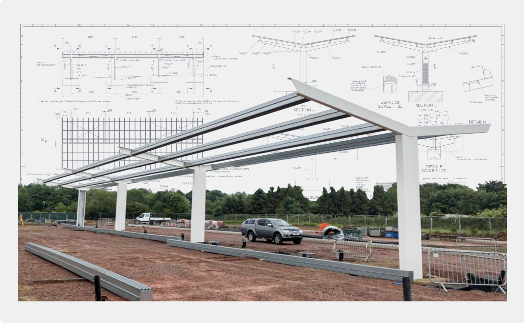 Solar carport structure with design plans visible, showcasing a sustainable power solution for parking areas.