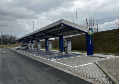 Bluetop Solar Parking canopies covering EV charging bays at BP Kruisem
