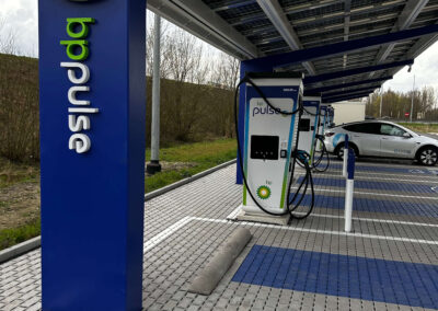 Solar canopy installation by Bluetop Solar Parking at BP Kruisem EV site
