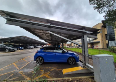 Commercial solar canopy system at Wharfedale Hospital transforming parking into energy source