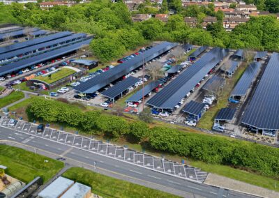 Aerial view of solar parking canopies at Lakeside North Harbour, England