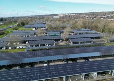 Aerial perspective of solar canopy installation at Lakeside North Harbour