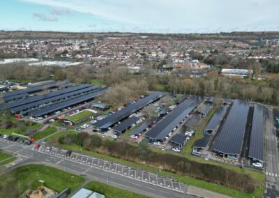 Drone view of photovoltaic parking canopies at Lakeside North Harbour