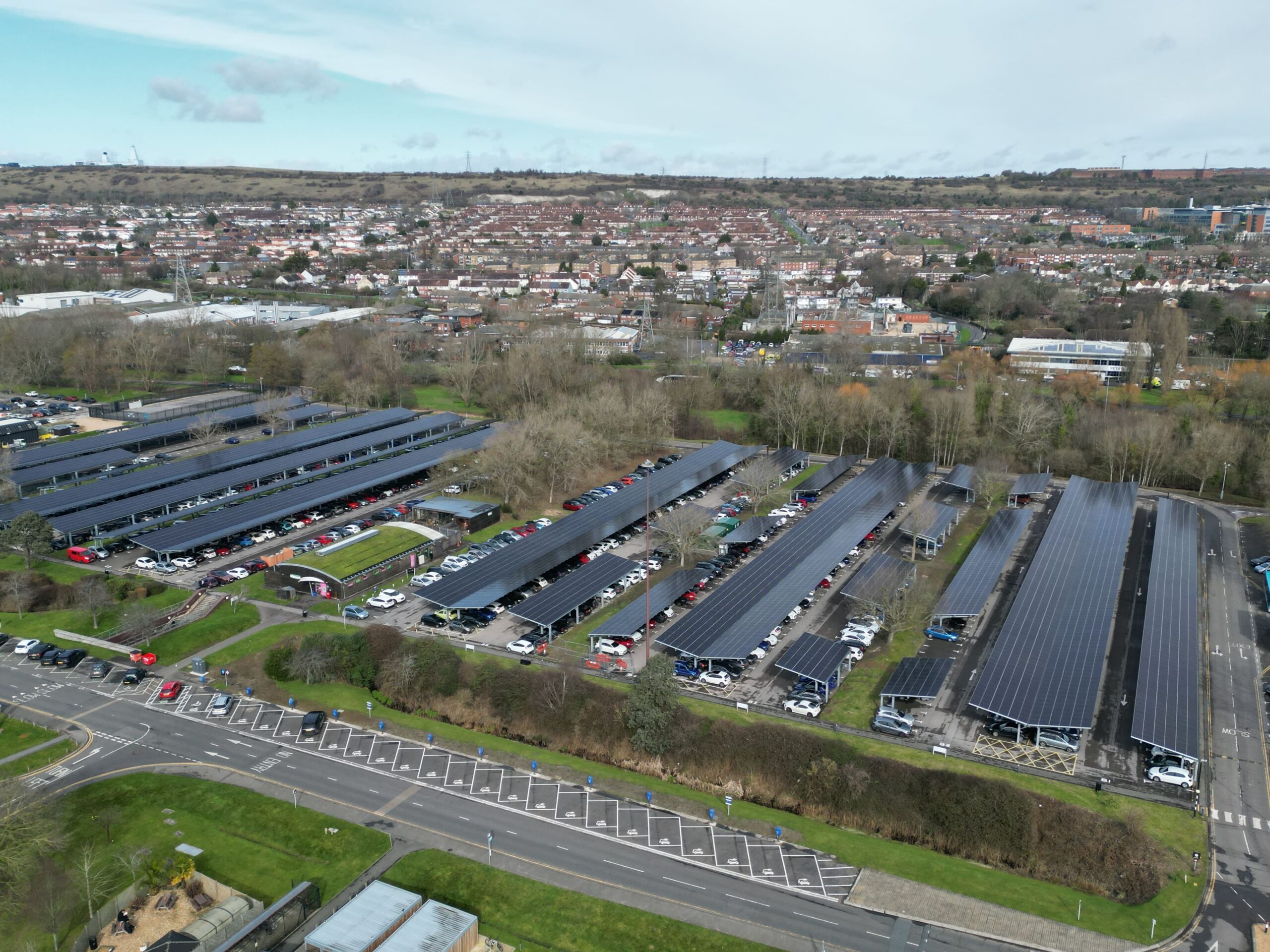 Drone view of photovoltaic parking canopies at Lakeside North Harbour