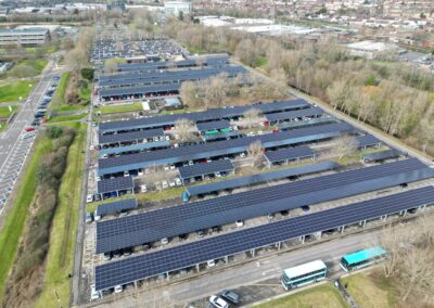 Aerial view showing solar car park canopies at Lakeside North Harbour site