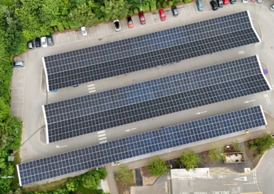 Overhead view of Wharfedale Hospital solar car park generating renewable energy