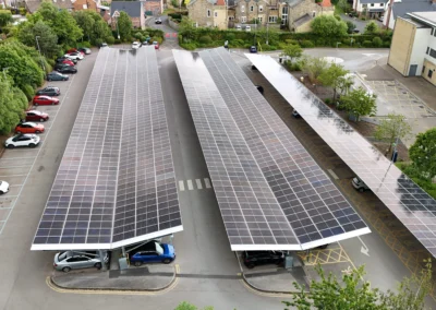 High-angle aerial of OPTI solar parking canopies at Wharfedale Hospital