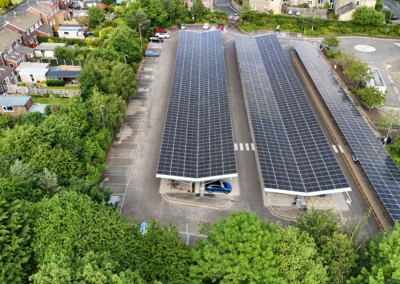 Drone shot of solar canopy installation at Wharfedale Hospital car park