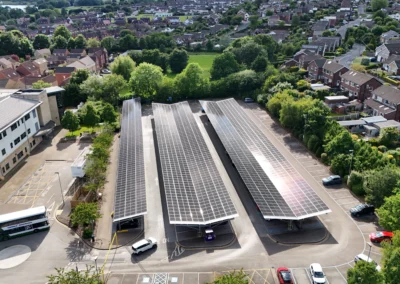 Aerial view of Wharfedale Hospital covered parking with Bluetop Solar Parkings OPTI canopies