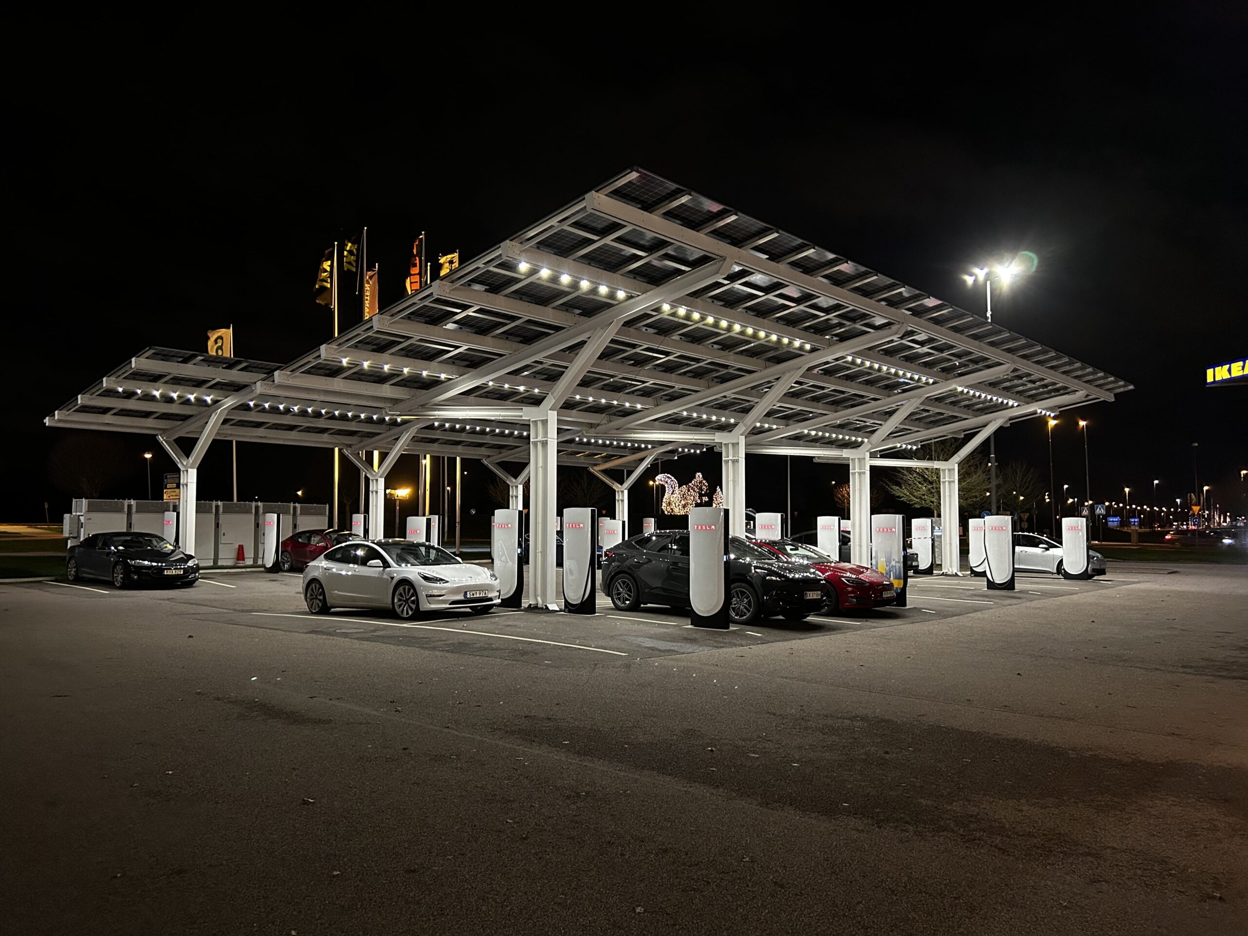 Solar parking canopies at a Tesla charging station in Helsingborg, Sweden