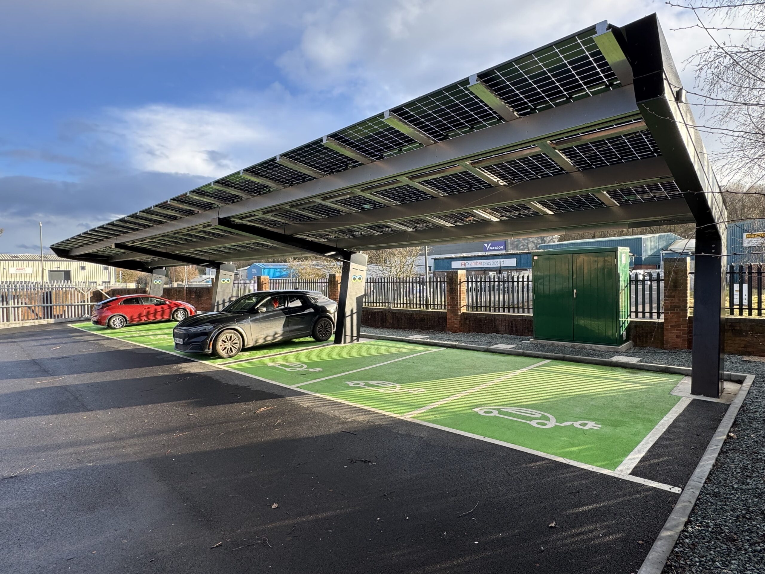 OPTI Bluetop Solar Parking canopies at Custom Solar Office in Chesterfield