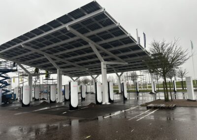 Photovoltaic canopies installed above Tesla EV charging stations in Helsingborg