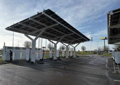 Solar-powered canopies supporting Tesla electric vehicle charging in Helsingborg