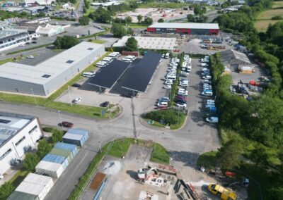 Covered visitor parking with OPTI Bluetop Solar Parking and BlueRoof at Paultons Park